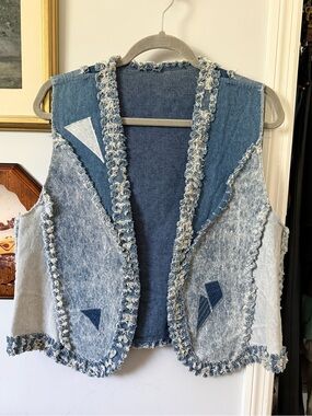 Handmade Denim Patchwork Fringe Vest - M/L